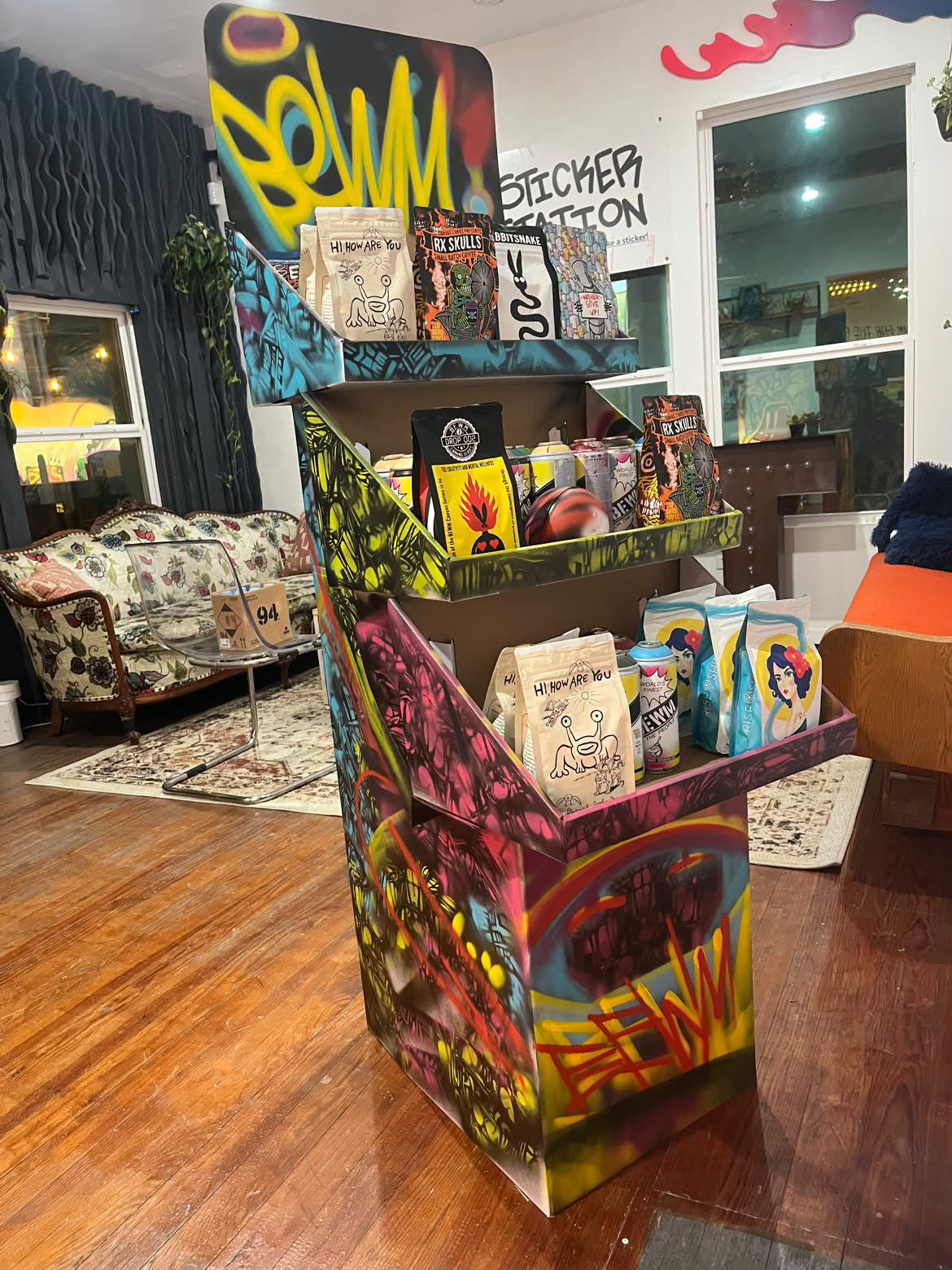 Painted BEWM coffee display at Something Cool Studios